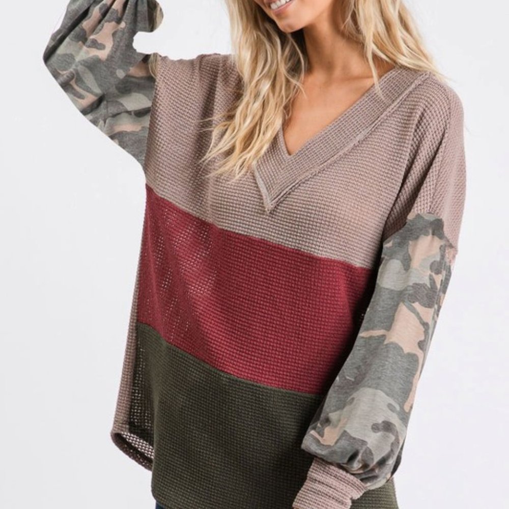 NWT Color Block Top with Camo